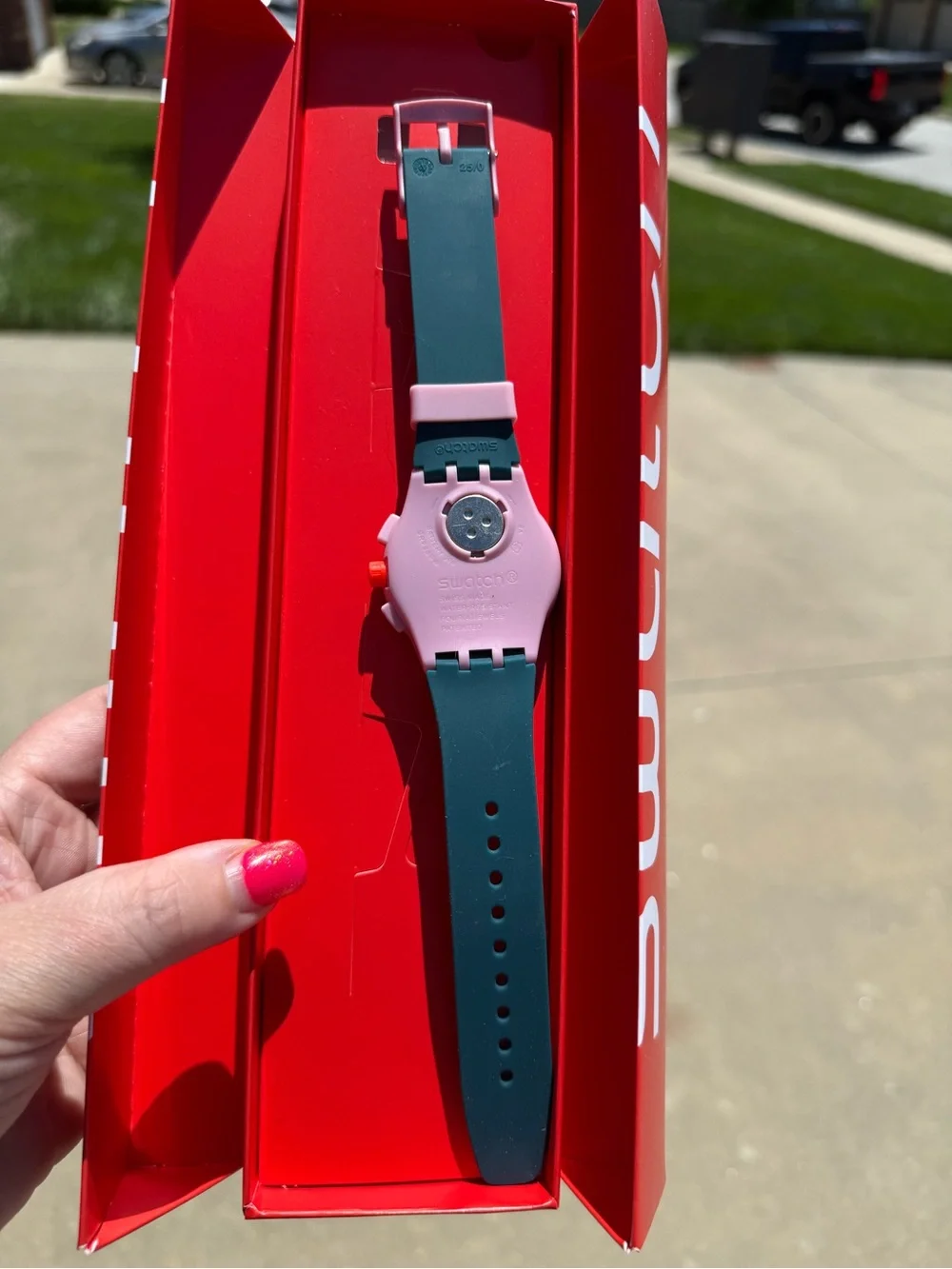 Swatch Green Silicone Strap Watch with Pink Case and Red Dial Accents - Picture 5 of 5